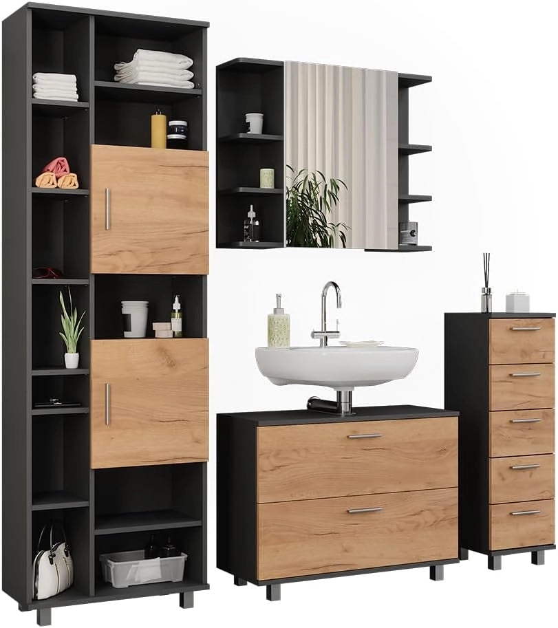 Set di mobili da bagno Ilias, Quercia dorata/antracite, 80.2 cm, composto da mobile lavabo, pensile a specchio, colonna e base media