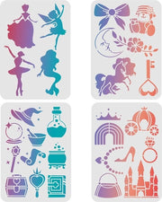 4 pezzi di stencil fantasy da 29,7x21cm - plastica unicorni castelli - stencil per disegno e pittura - motivo fiabesco di principesse e fiori - stencil riutilizzabili per pittura su legno