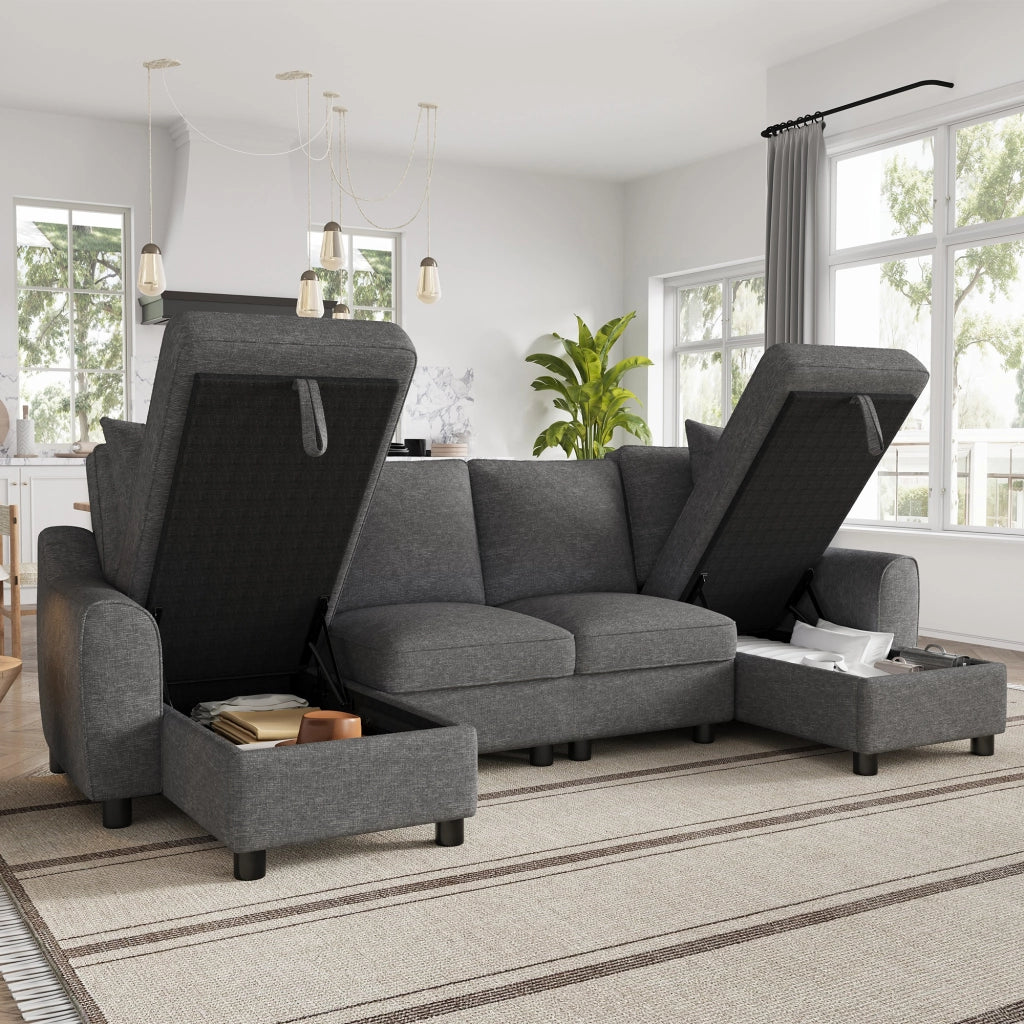 Divano modulare a U in chenille grigio con penisole, 3 colli, 280 ¡Á 137 ¡Á 84 cm