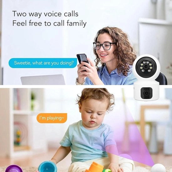 Camera di Sicurezza Wi-Fi 2K Binnentuin - Doppio Obiettivo Sicurezza Casa - Comunicazione a Due Vie - Visione Notturna - Panoramica 360 Gradi Rilevamento Movimento.