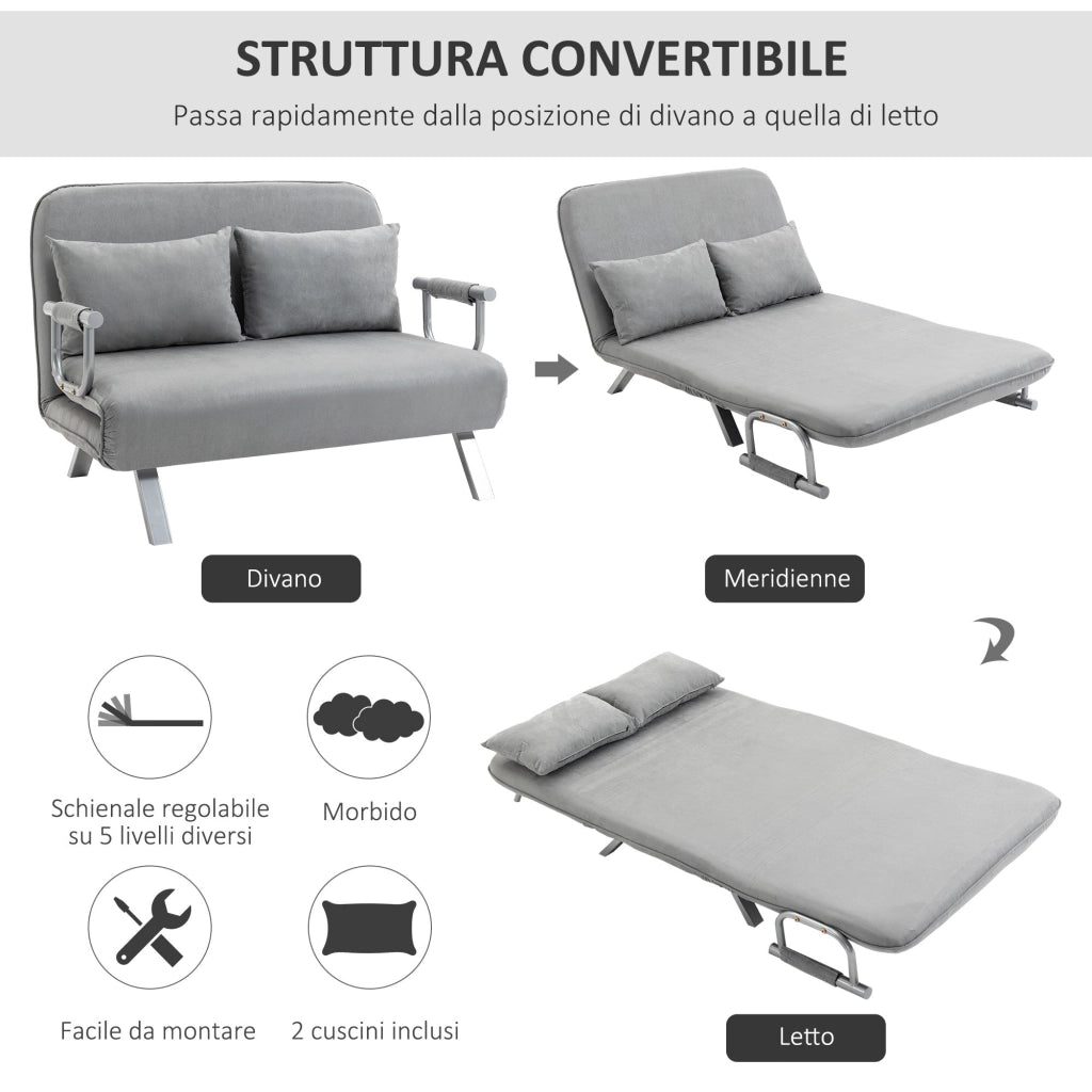 Divano Letto Singolo con Seduta Regolabile in 5 Posizioni 105x80x78 cm in Finta Pelle Grigio Chiaro