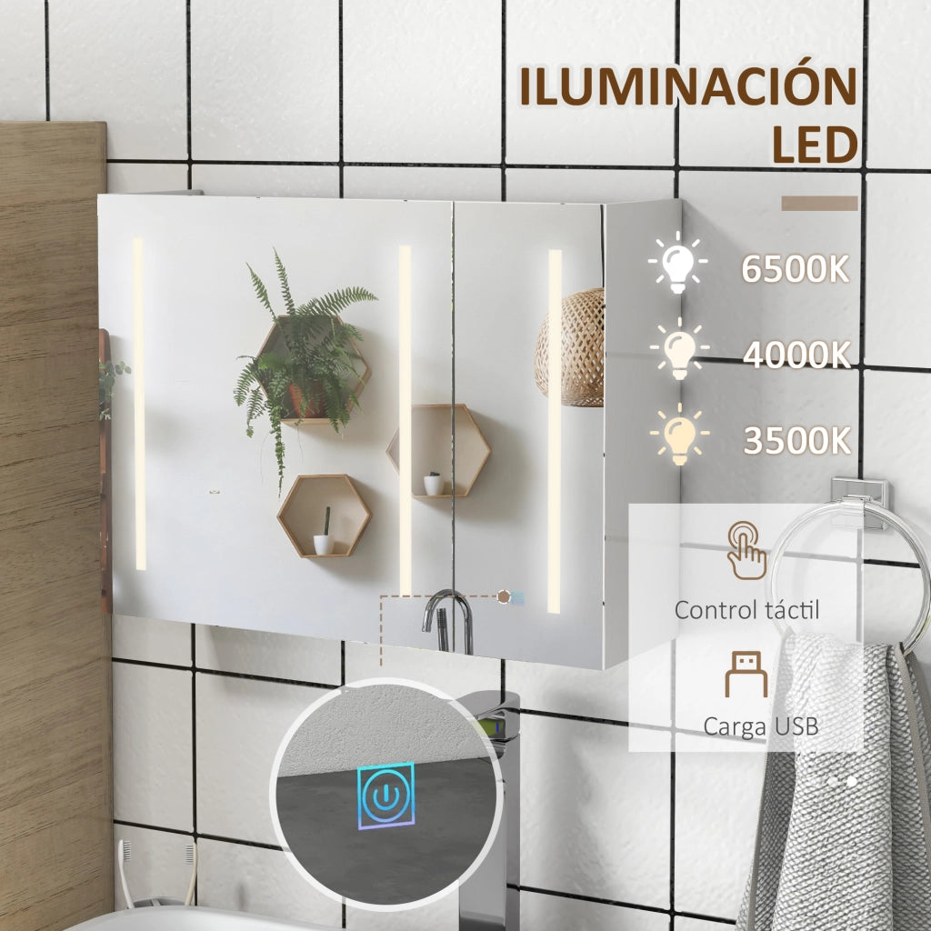 Armadio Bagno con Specchio e Prese USB ¨C zephmum ¨C Bianco 90x15x70 cm