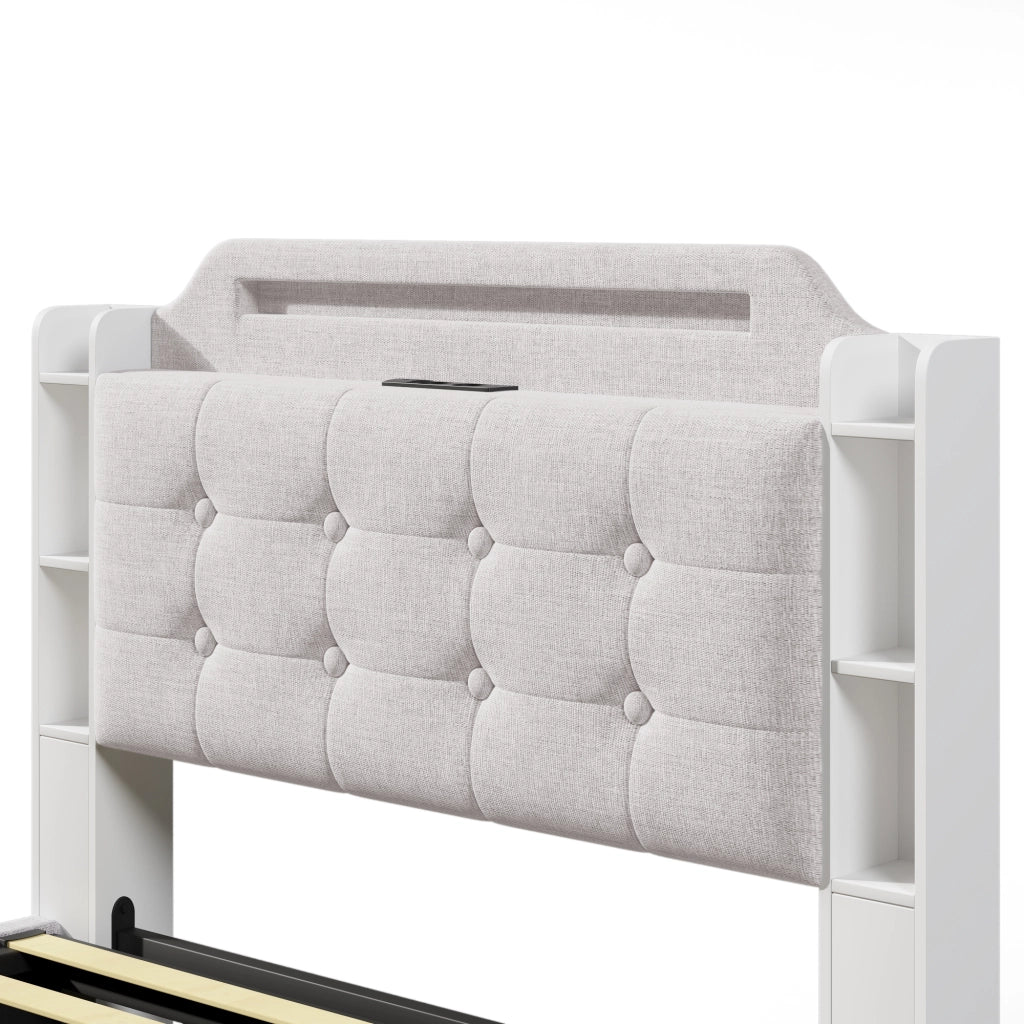 DESMIU Letto Contenitore 140 × 200 cm 2 Posti con LED, USB, Tipo C e Ripiani, Senza Materasso, Lino Beige