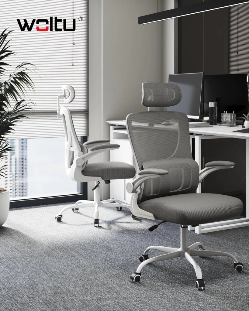 Sedia Ufficio Ergonomica, Sedie Ufficio a Rete Traspirante, Con Supporto Lombare Adattativo a Forma Di C, Poggiatesta Regolabile, Braccioli Ribaltabili, per Scrivania, Casa, Grigio