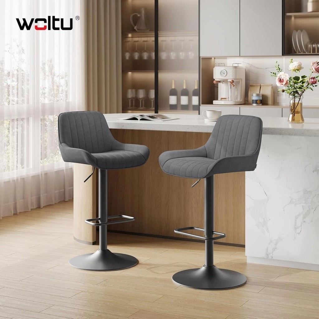 Sgabello Cucina con Schienale e Braccioli, Sedia da Bar Girevole, Altezza Regolabile, in Velluto di Latte, per Cucina, Bar, Ristorante, Grigio Scuro