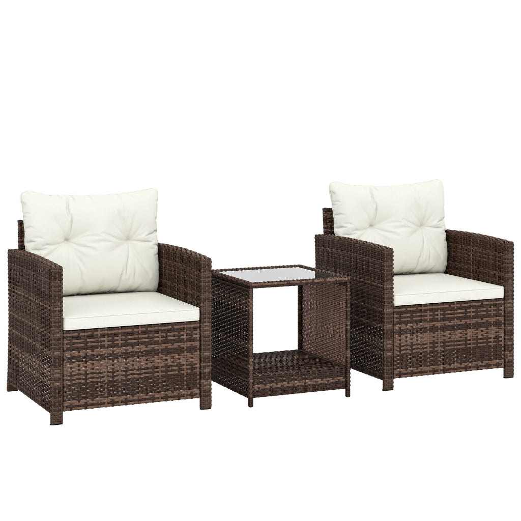 Set 3 Pezzi da Giardino con 2 Poltrone con Cuscini e Tavolino da Caffè in Rattan PE e Acciaio Marrone e Crema