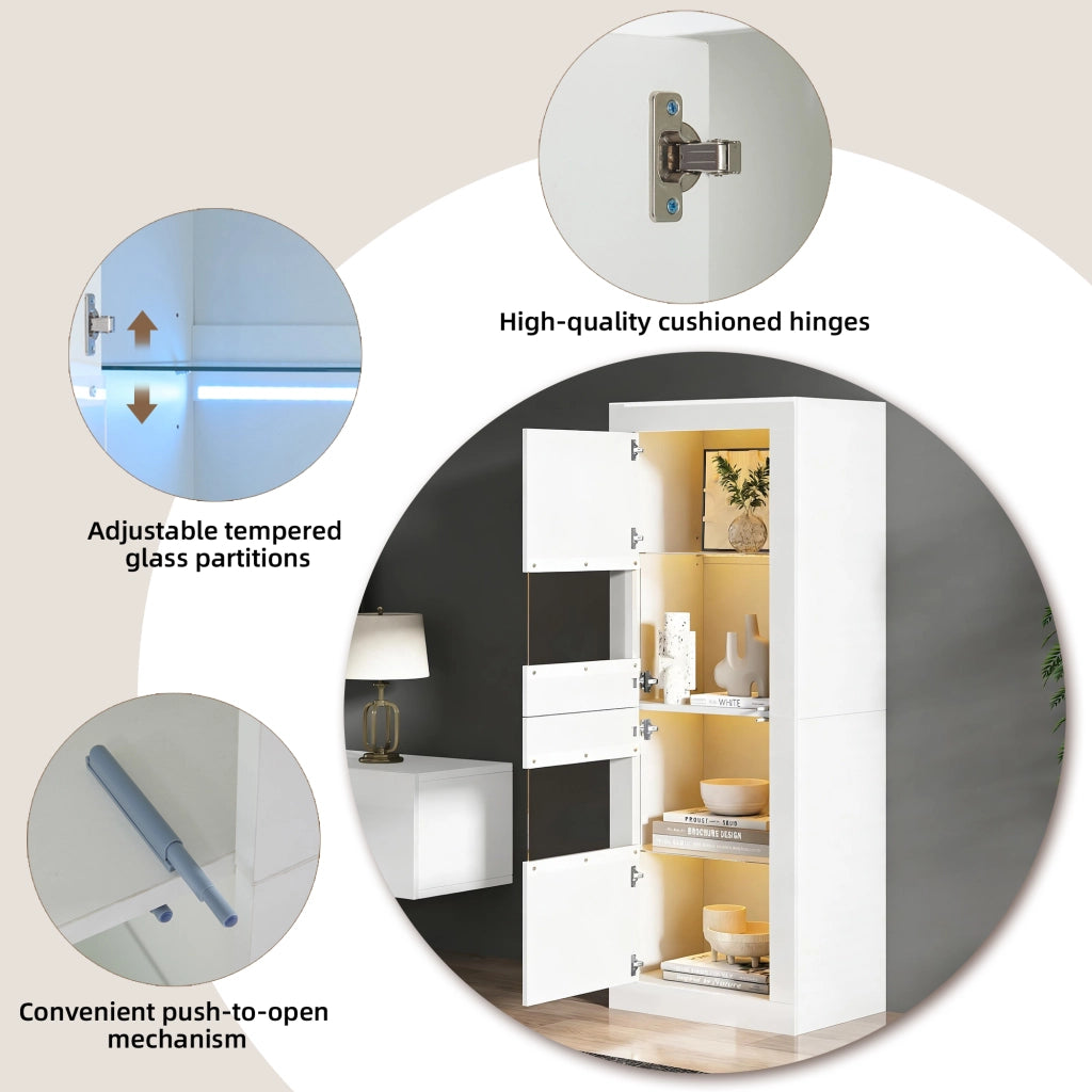 Vetrina con LED e 2 ante, 3 ripiani in vetro regolabili e 4 vani, per soggiorno e cucina, bianco, 61 × 42 × 162 cm
