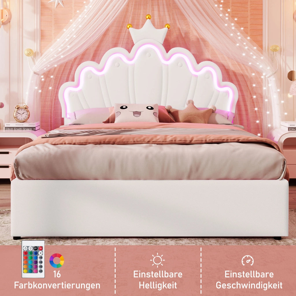 OKWISH Letto Con Cassetti 140×200 cm, Letto Matrimoniale con LED Regolabile, 2 Cassetti e Testiera Regolabile, senza Materasso, PU, Bianco