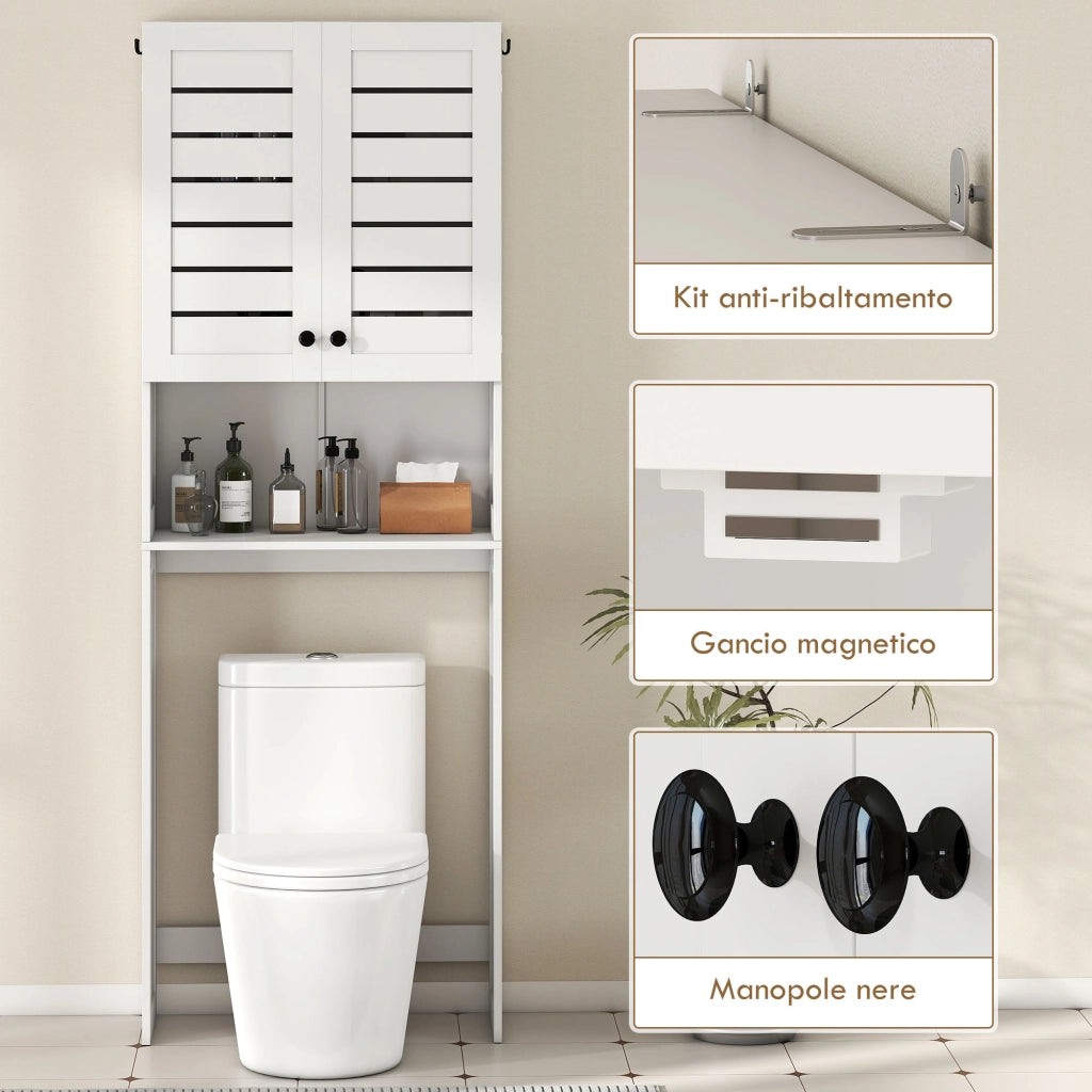 Mobile Sopra WC con Armadietto a 2 Ante e Ripiano Aperto. in Legno Bianco. 67x31.5x190 cm