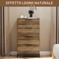 Cassettiera 4 Cassetti Antiribaltamento con Maniglie Nere, in Legno e Metallo, 62x35x105 cm, Marrone Chiaro