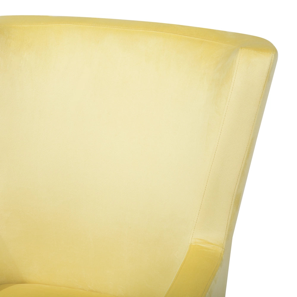 Sedia Wingback con rivestimento in velluto giallo e gambe in legno con schienale alto