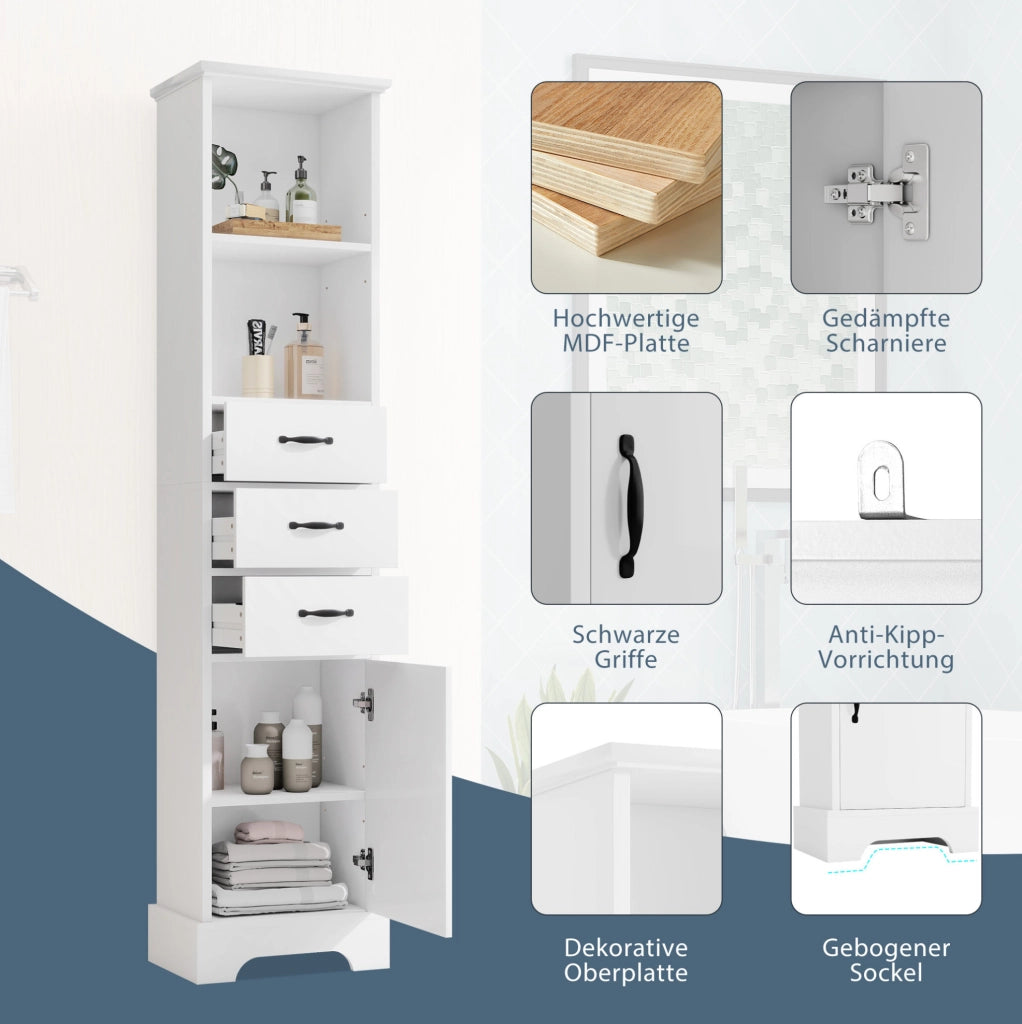 Mobile bagno alto bianco 38 x 26 x 172,5 cm in MDF con cassetti e ripiani regolabili