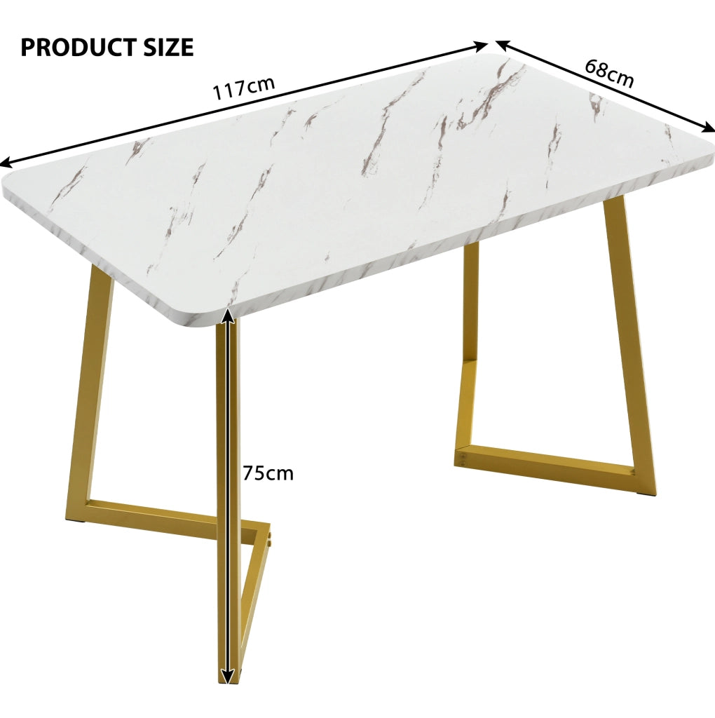 Tavolo da pranzo rettangolare 117x68x75 cm in MDF effetto marmo; bianco e oro