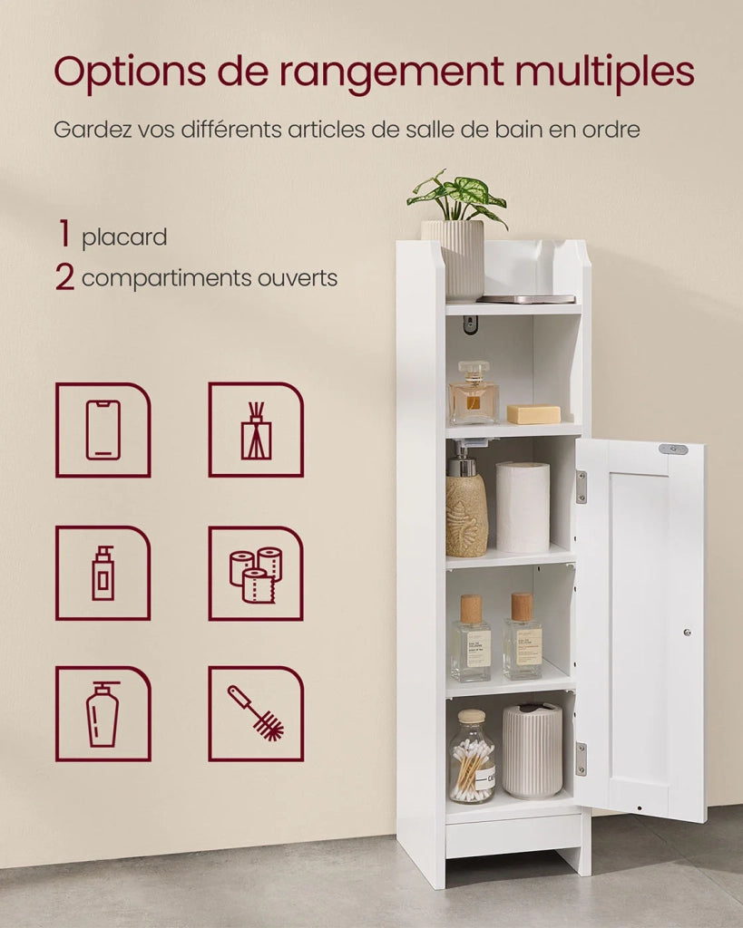 Mobiletto da bagno mobiletto per WC 18 x 20 x 80 cm mobiletto sottile mobiletto alto ripiani regolabili salvaspazio montaggio facile bianco 12_0006469