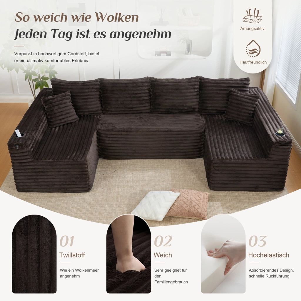 SOFA Modulare a U 320x155x88 cm in Corduroy Marrone