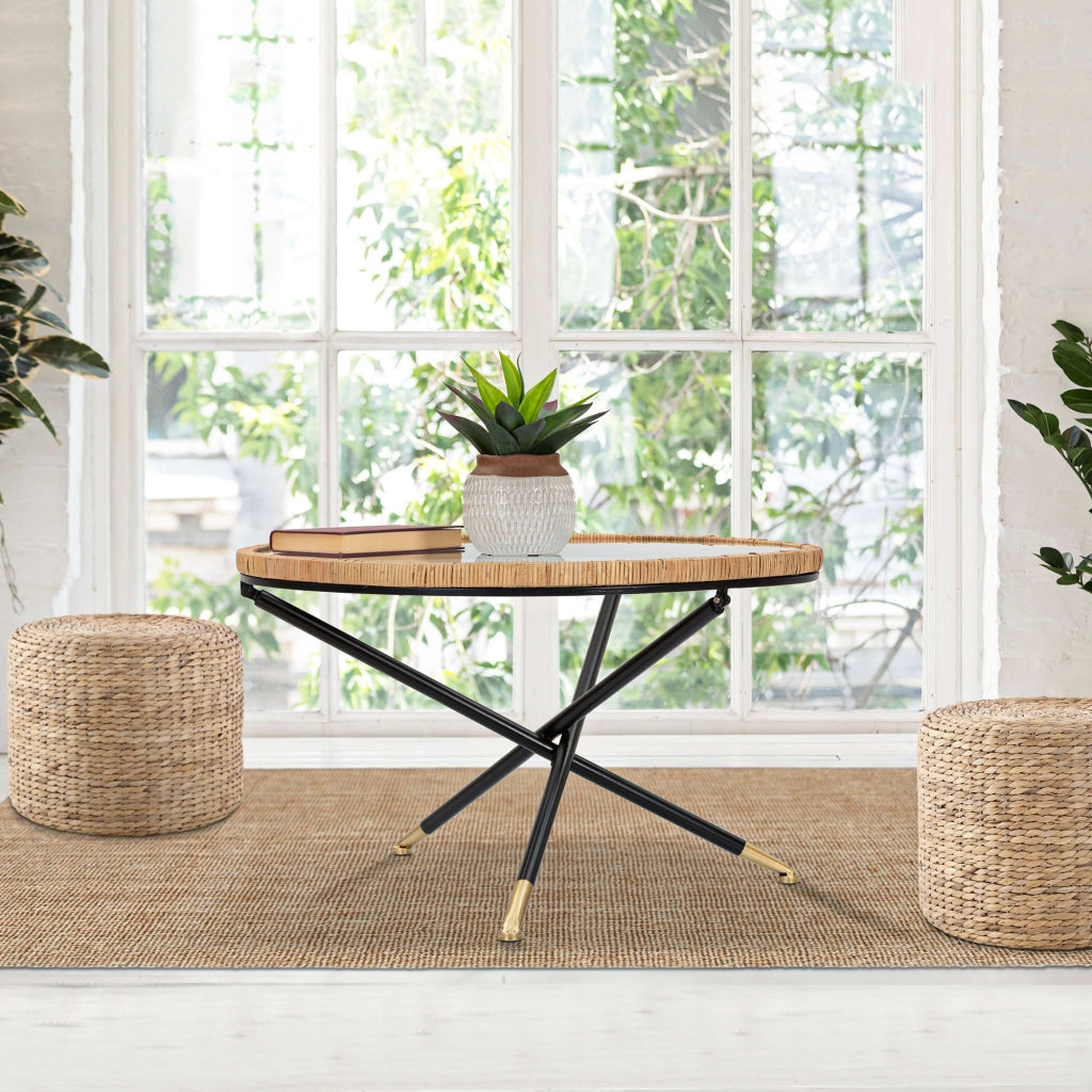 Langka, Tavolino da Salotto Dettaglio Effetto Rattan, 80x80x47h cm Nero