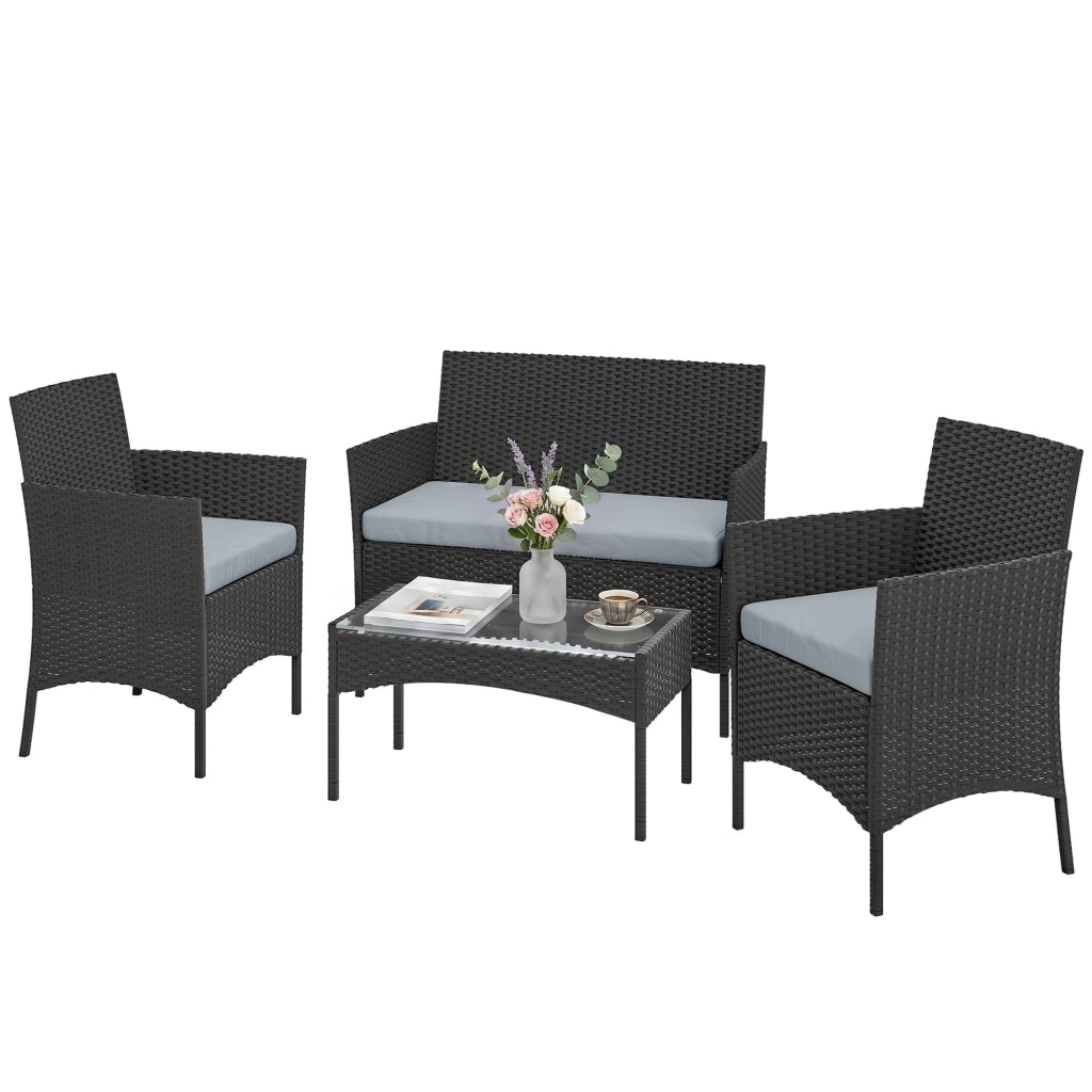 Set da giardino 4 posti in polyrattan con divani e tavolino in vetro ¨C zephmum ¨C grigio