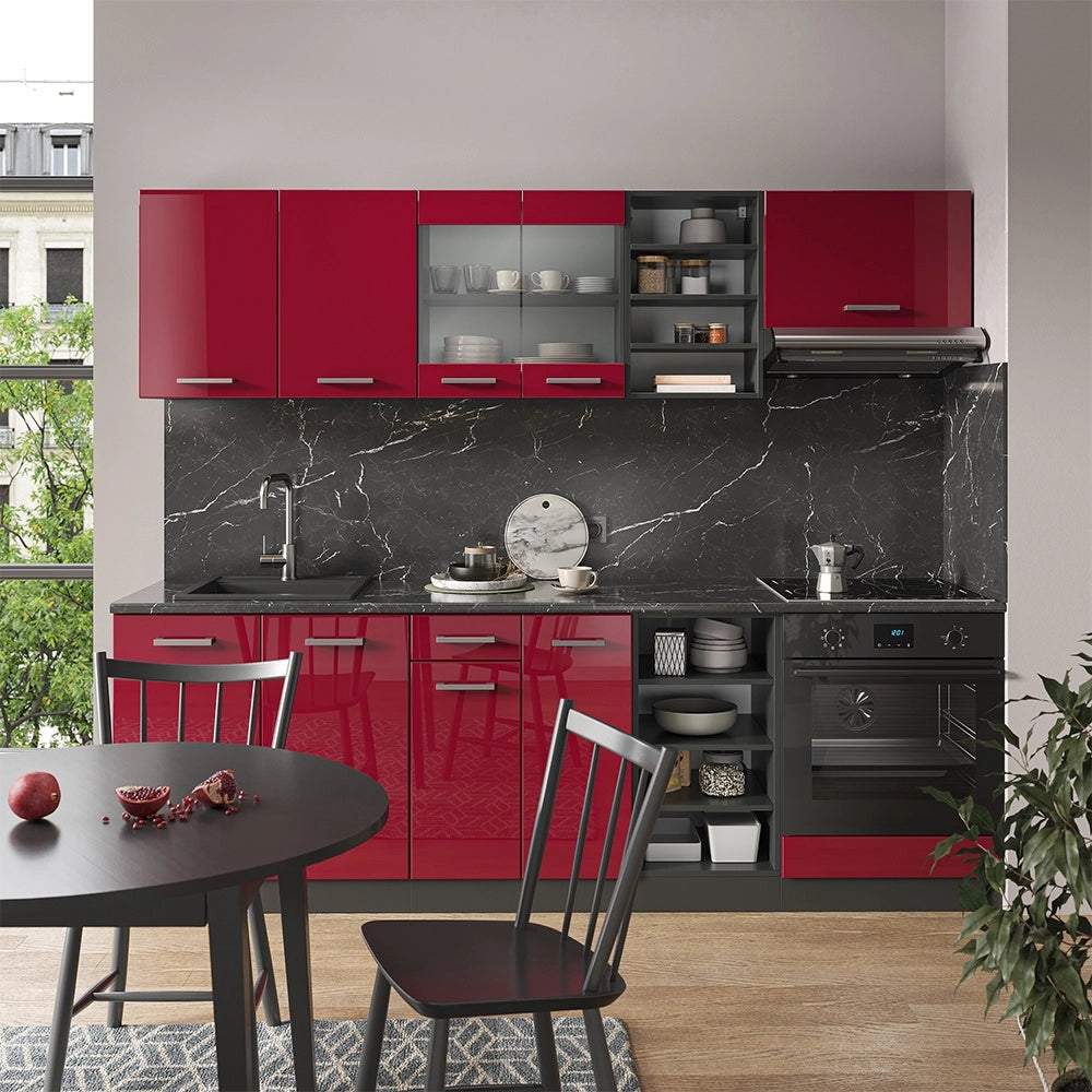 Cucina componibile R-Line Rosso lucido/Antracite 240 cm, PL Marmo Vicco