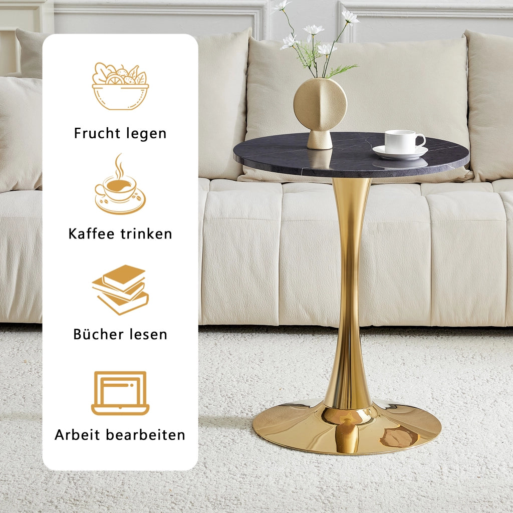 Tavolo da pranzo rotondo con base stabile in MDF e metallo effetto marmo nero e oro per cucina e soggiorno diametro 60 cm