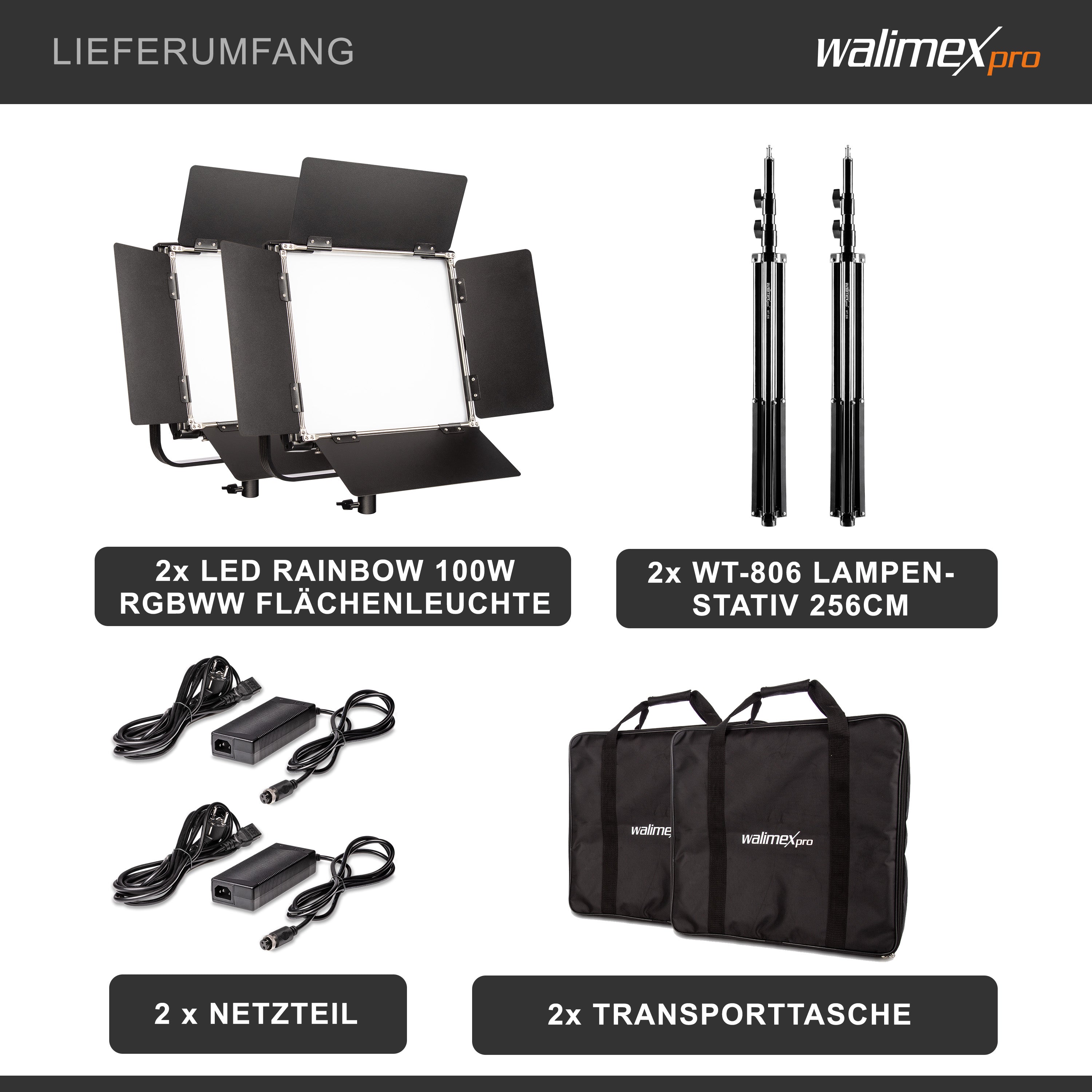 Rainbow Set 2 pannelli LED fotografia 100W e 2 cavalletti fotografici - Luce fotografica da studio con cambio colore RGBWW, illuminazione controllo tramite app, luce video bicolore