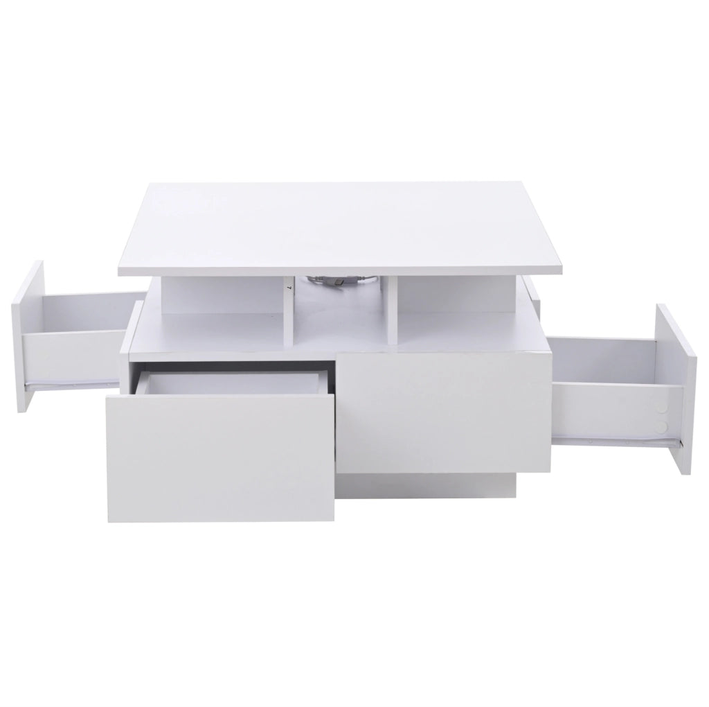 Tavolino da caff猫 70x70x40 cm; 4 cassetti con LED controllato da app; pannello truciolare bianco