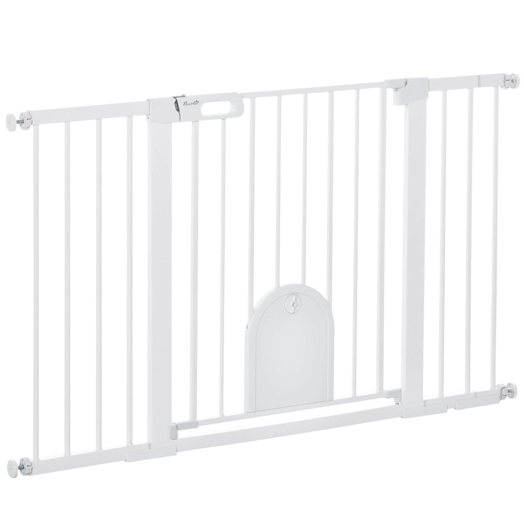 Cancelletto per Cani Estensibile con Porta a Chiusura Automatica 75-131x76 cm in Metallo e ABS Bianco