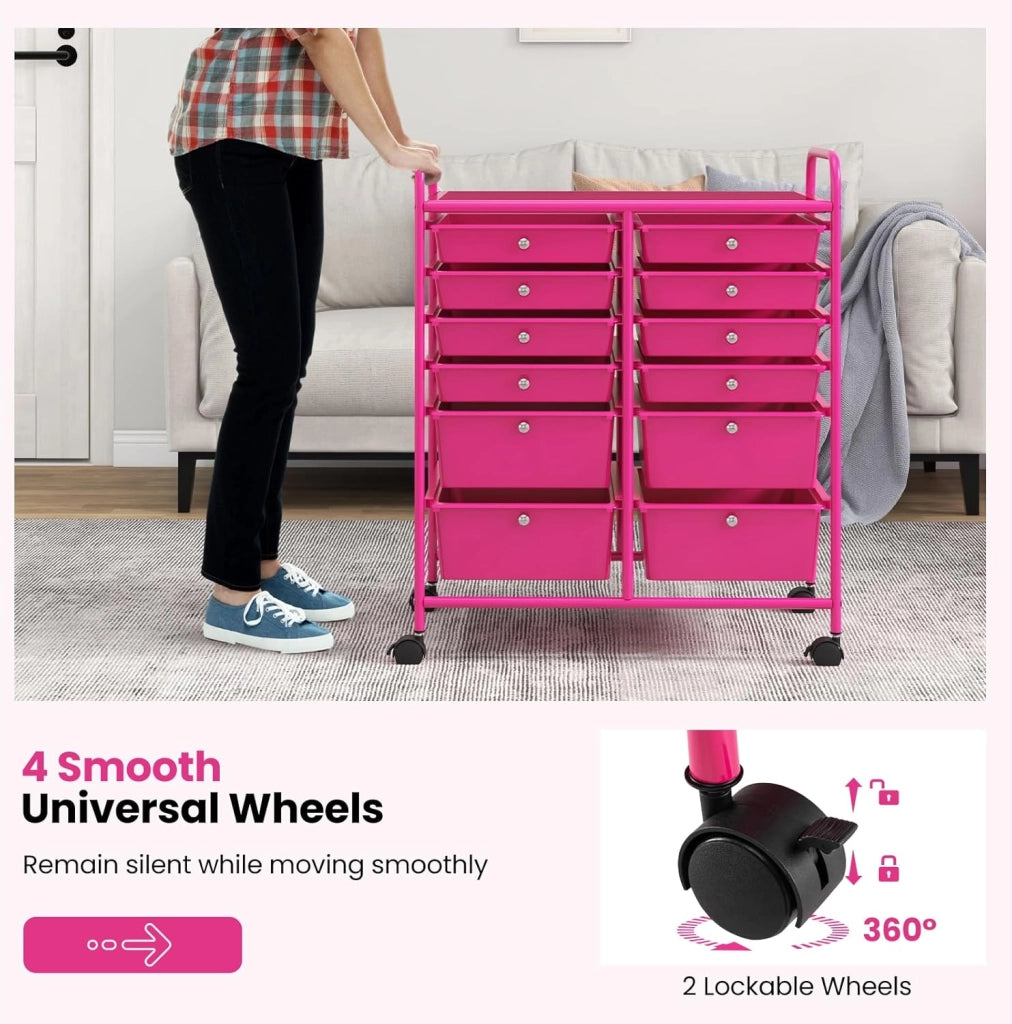 Carrello con 12 cassetti, impilabile, carrello per cassetti, carrello da cucina, con ruote bloccabili, carrello per cucina, bagno, ufficio, 64 x 38 x 75 cm (rosa)
