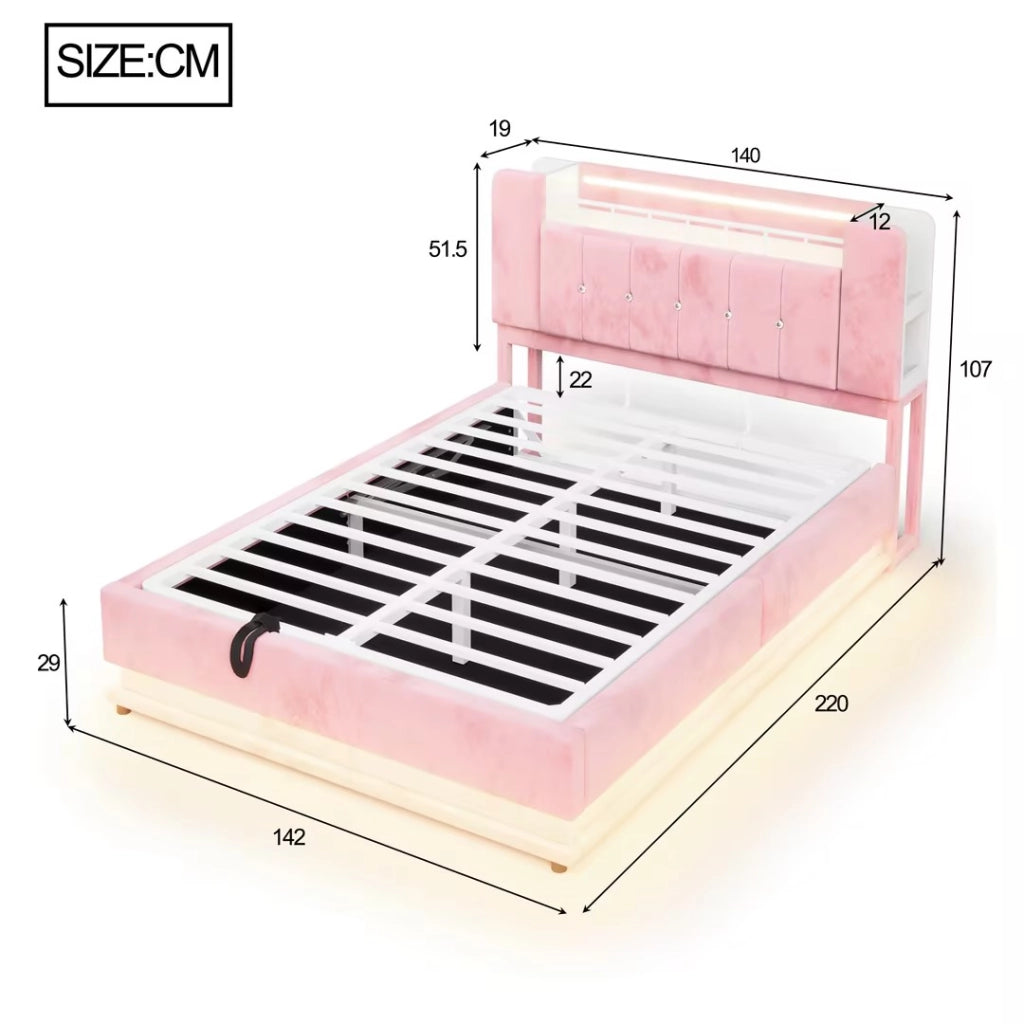 Letto Imbottito 140x200 cm con Contenitore Idraulico; LED e Prese USB; Velluto Rosa