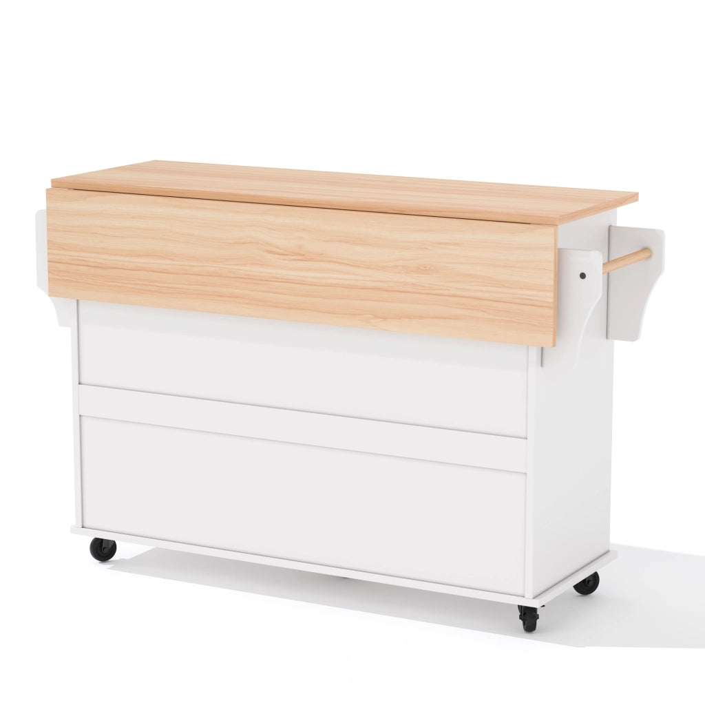 Isola cucina mobile 136x70x92 cm con piano estraibile e cassetto nascosto in MDF bianco e naturale