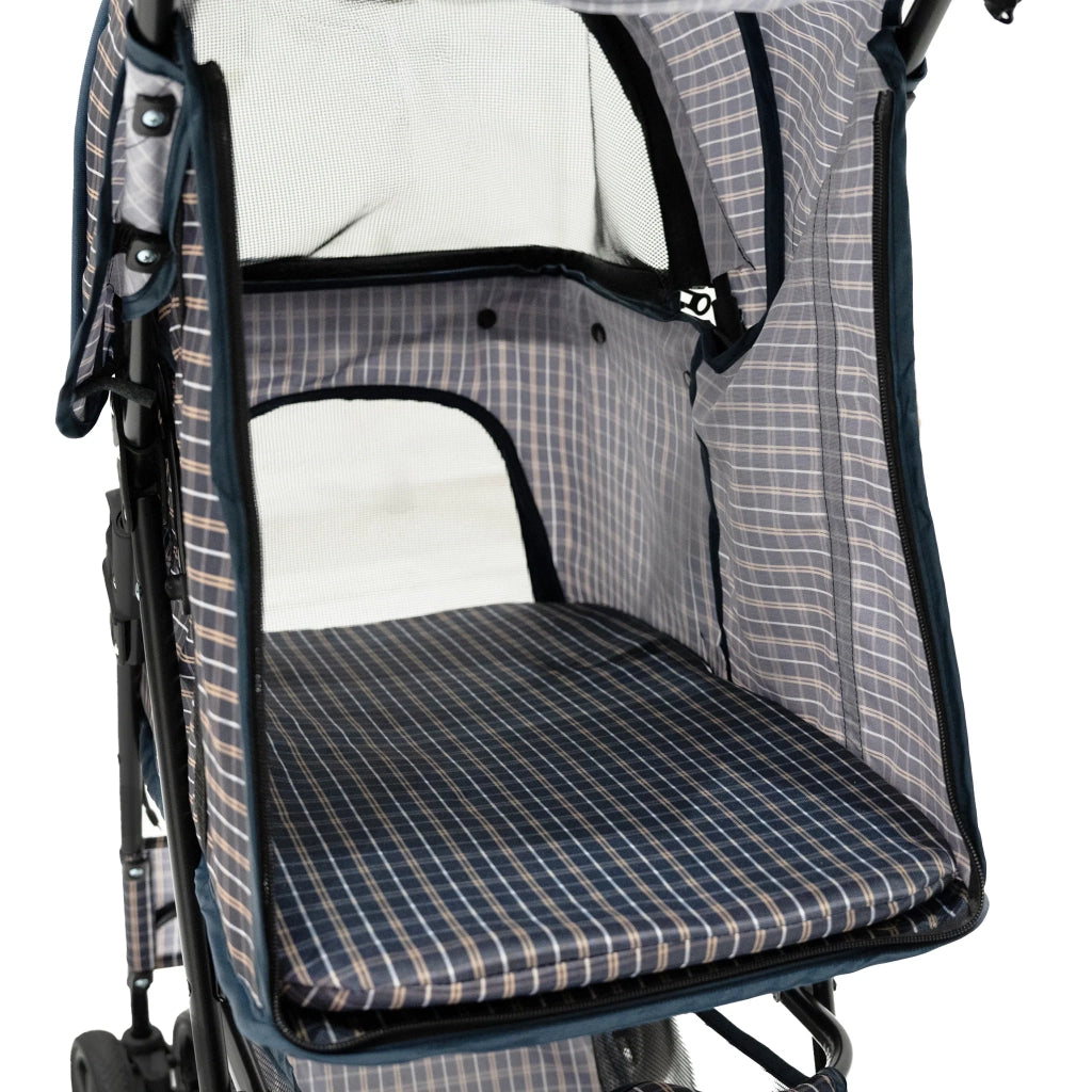 Passeggino Animali Pieghevole Blu Tartan Cane Gatto Tettuccio Antipioggia
