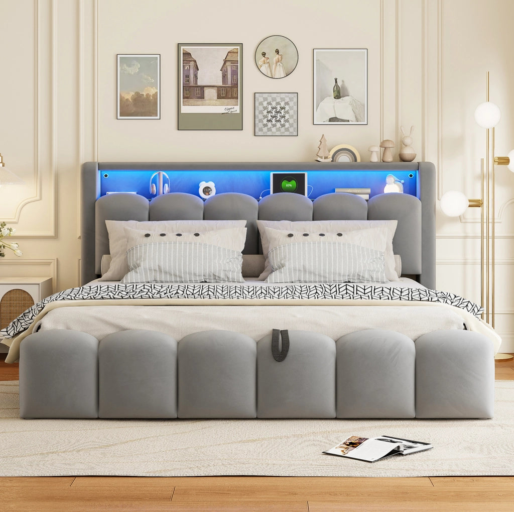 Letto matrimoniale imbottito 180x200 cm in velluto grigio con LED; USB; Type-C e contenitore