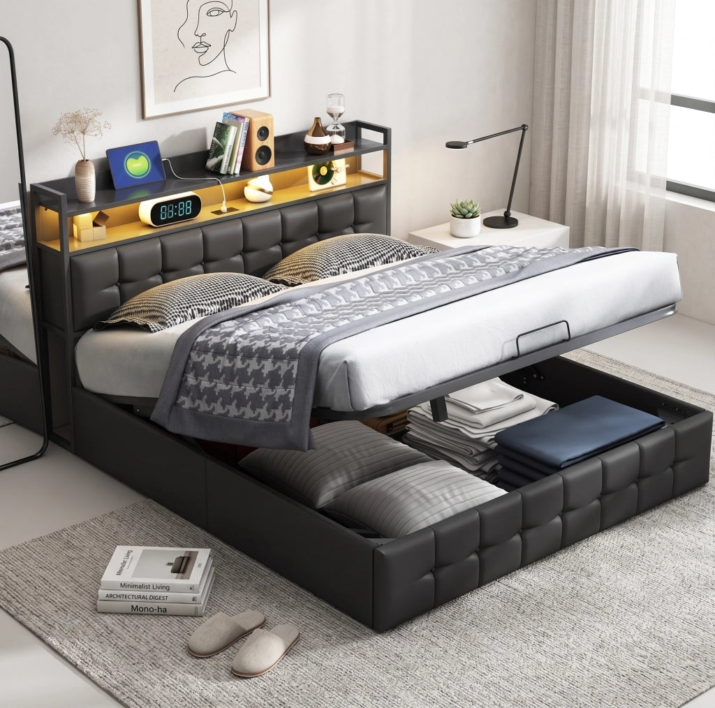 Letto matrimoniale 160x200 cm con contenitore LED USB testiera struttura letto MDF e PU - nero
