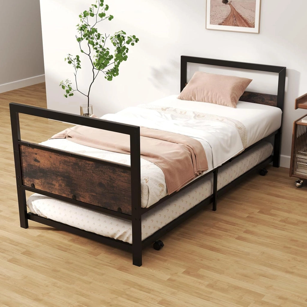 Letto giornaliero con cassetta letto estraibile, struttura letto 90 x 200 cm, con vano portaoggetti, letto per gli ospiti con rete a doghe, letto in metallo, letto estraibile industriale con