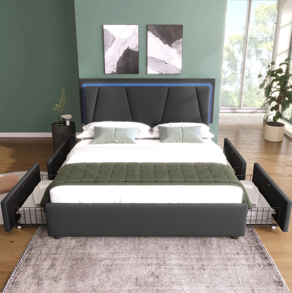 Letto matrimoniale 160x200 cm con contenitore; testiera regolabile; LED e 4 cassetti; grigio