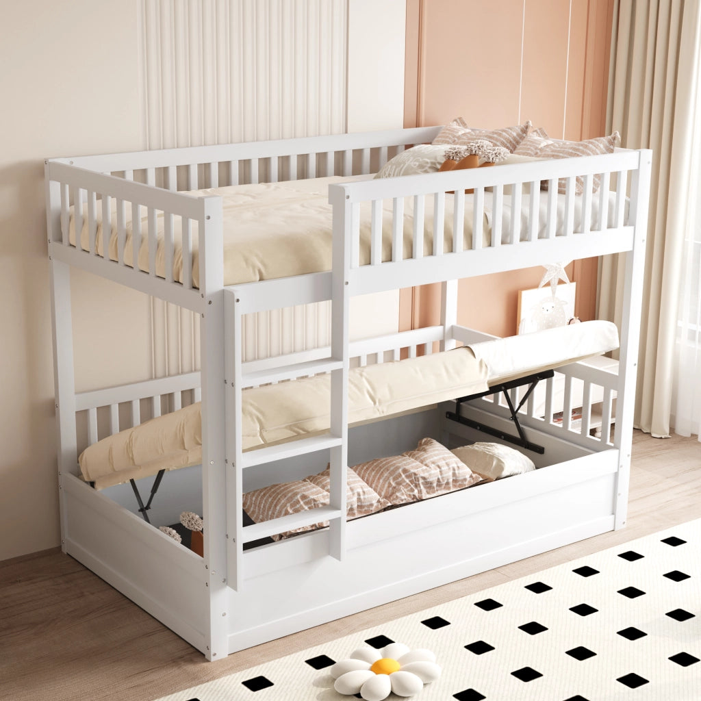 Letto a Castello 90x200 cm con Contenitore Idraulico; Scala di Sicurezza in Legno Bianco