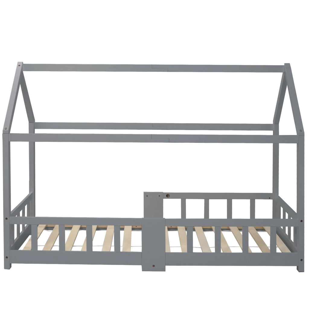 Letto a casetta per bambini 90 x 200 cm in legno di pino grigio con lavagna e sponde di sicurezza