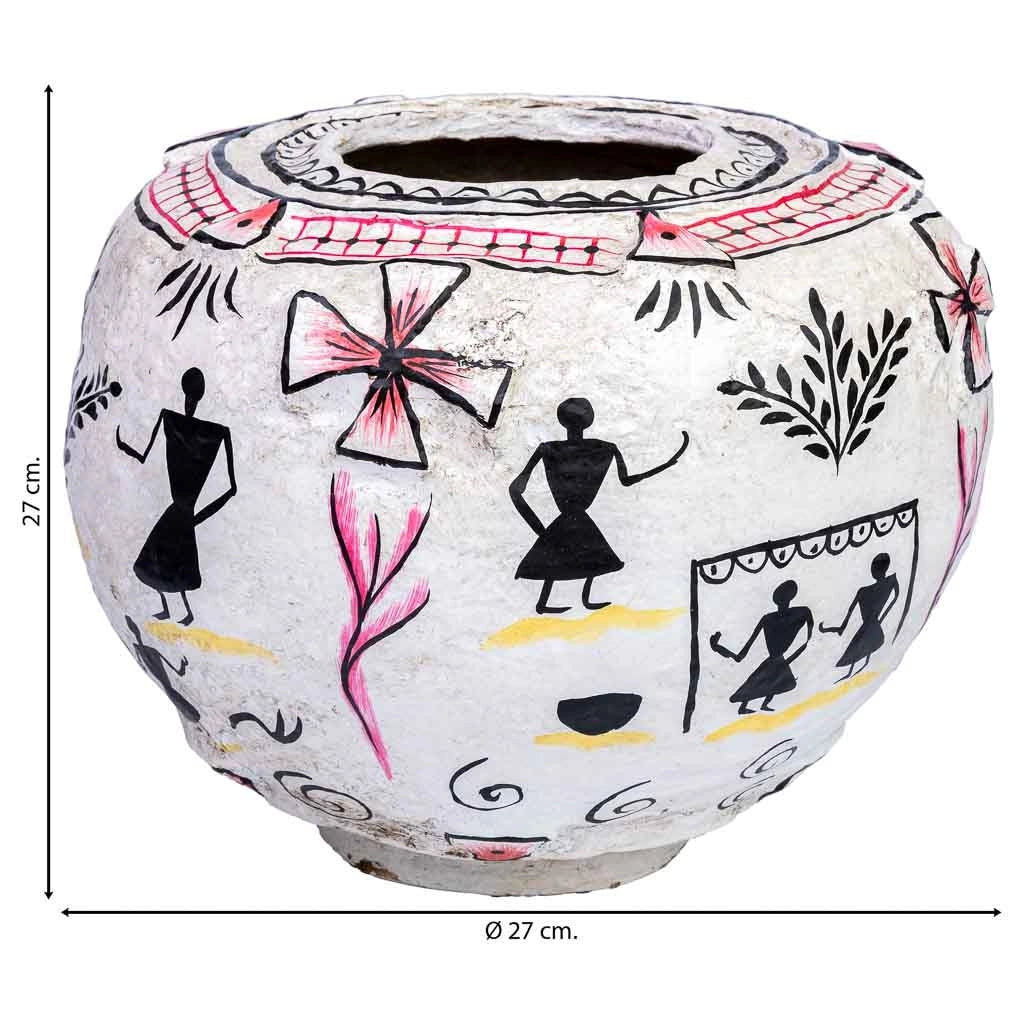 Vaso in cartapesta bianco dipinto a mano 27x27x27h cm