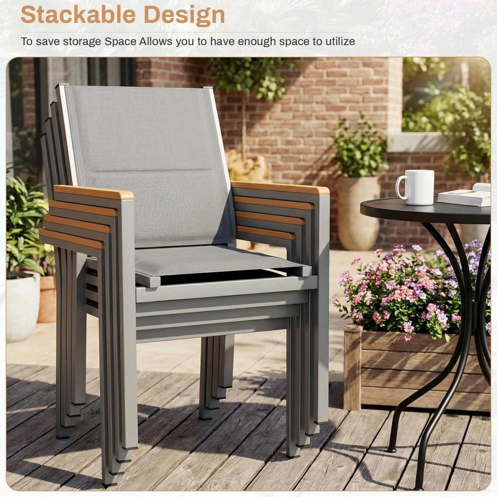 Set di 4 sedie da giardino, in alluminio, con schienale e seduta trapuntati, impilabili, per sala da pranzo, in WPC, per terrazza, balcone, terrazza, piscina, ristoranti, grigio, 4 pezzi