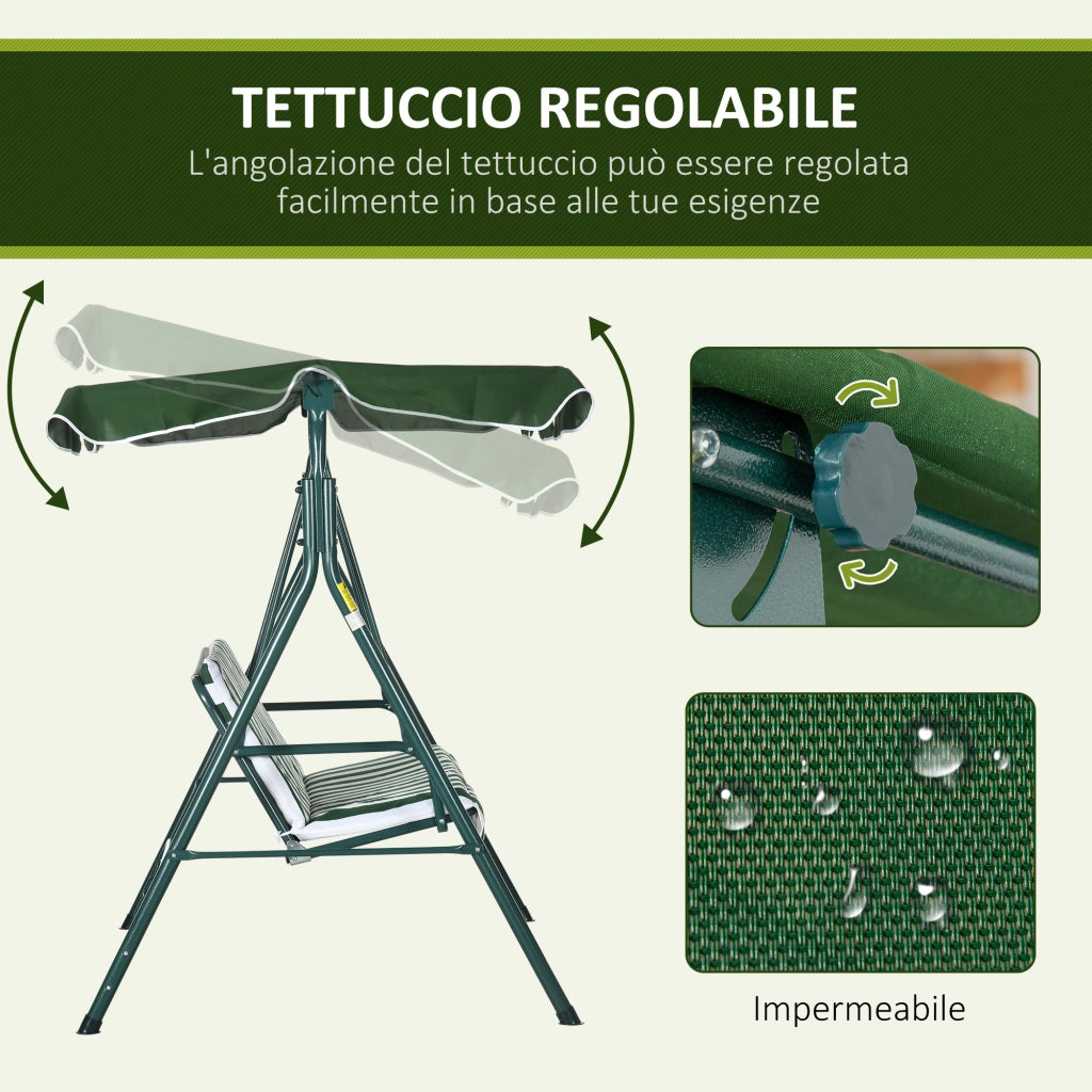 Dondolo da Giardino 3 Posti in Acciaio e Teslin con Tetto ¨C zephmum ¨C 172x110x153 cm, Bianco e Verde