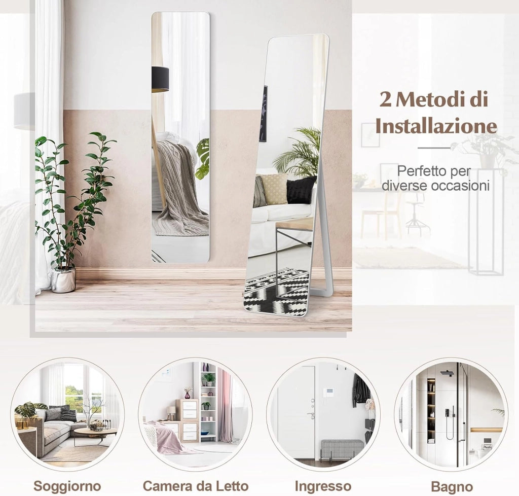 Specchiera da Terra Autoportante a Figura Intera, Specchio Rettangolare, Angolo Regolabile, 2 Metodi di Installazione, Bianco 160x37cm