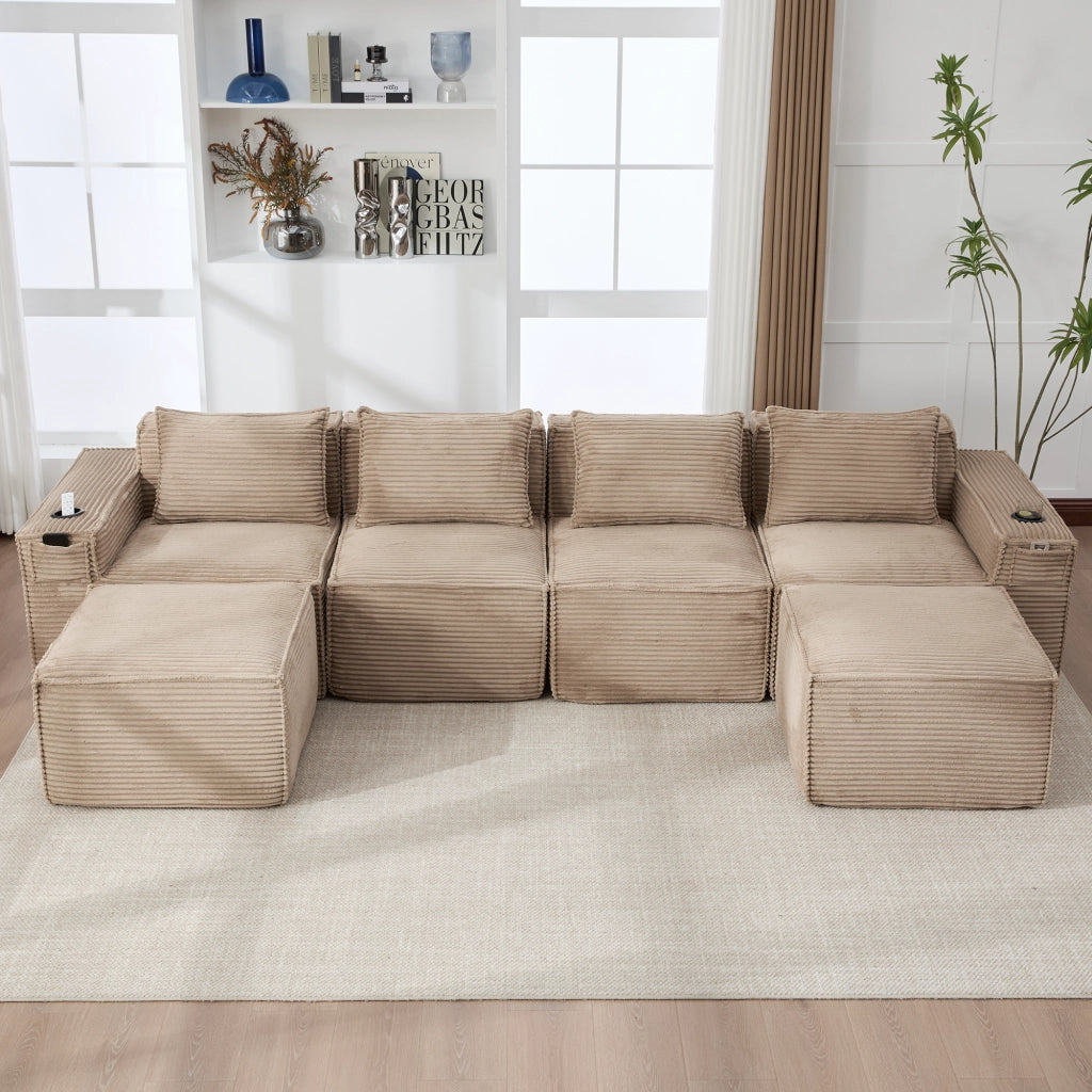 Divano modulare 4 posti con portabicchieri, tasche laterali e 2 pouf, in tessuto corduroy khaki