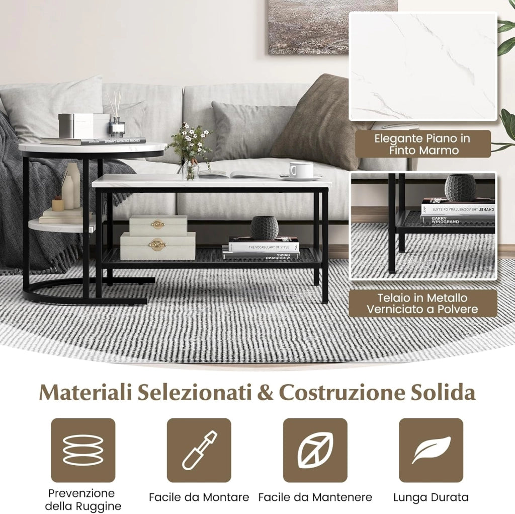 Set di Tavolini da Caffè Componibili, 2 in 1 Set di Tavoli Rimovibili con Piano in Marmo Sintetico, Tavolino Rotondo e Tavolino Rettangolare per Salotto e Camera da Letto (Nero)