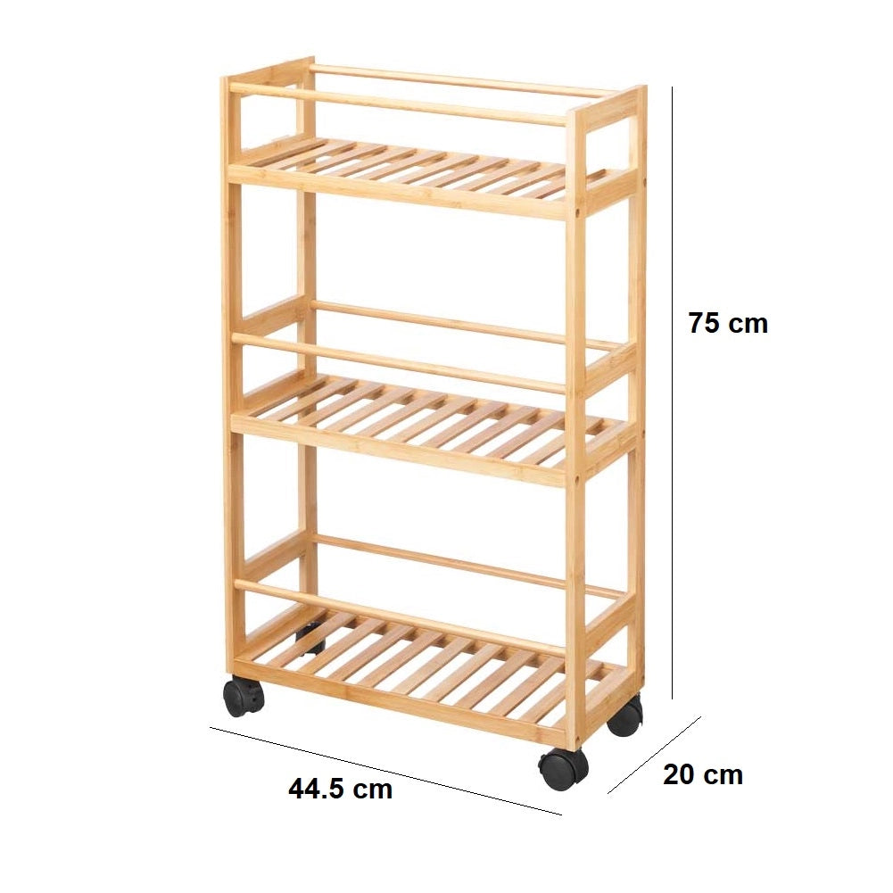 Carrello Bagno Legno Bambù 20x44.5 H75cm Slim 4Ruote Legno Naturale Salvaspazio