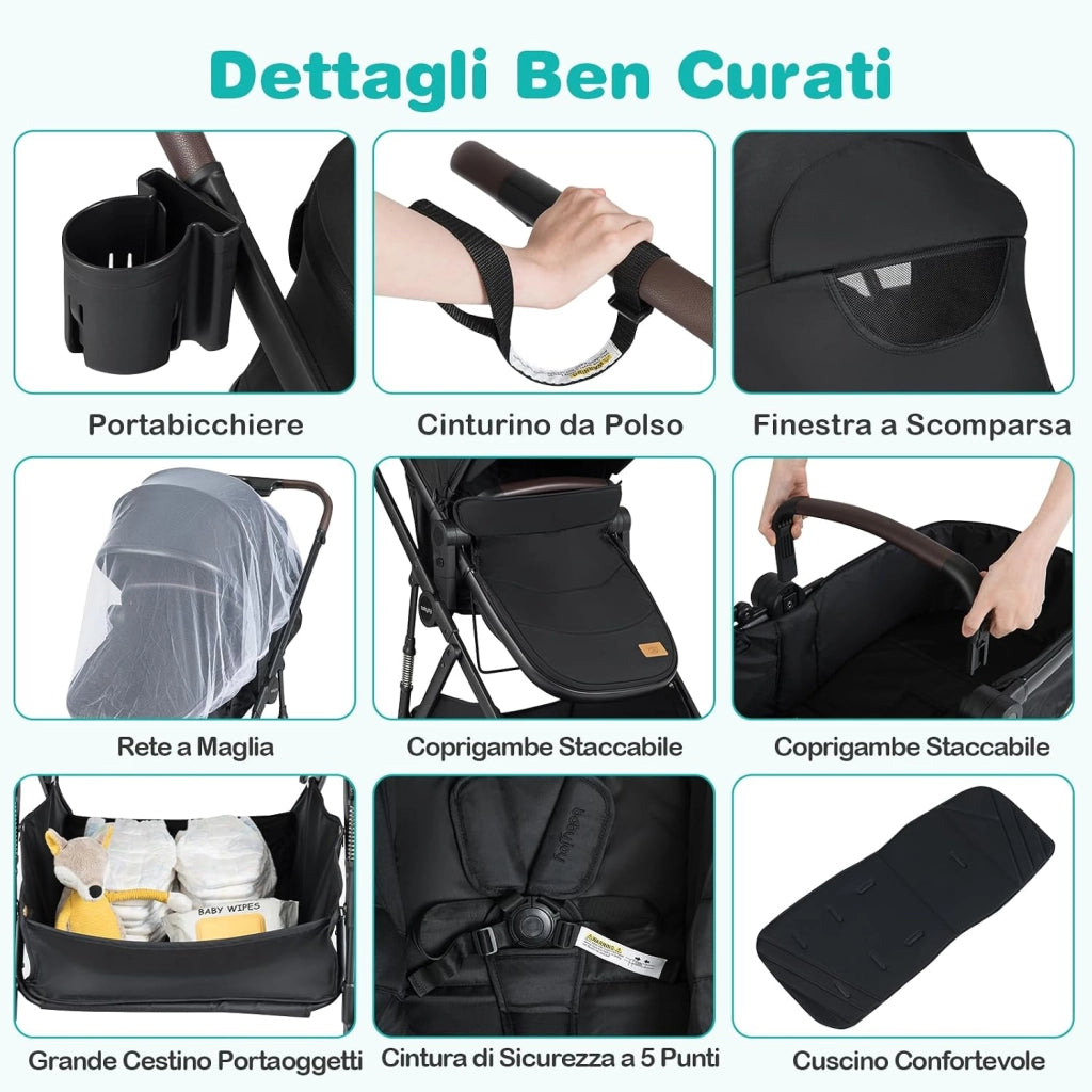 2 in 1 Passeggino Leggero Pieghevole per Bambini, con Schienale Regolabile, Sedile Reversibile, Tettuccio, Cestello Portaoeggetti, per Neonati per 0-36 Mesi (Nero)