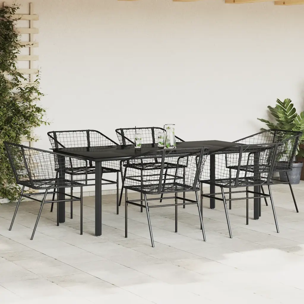 Set Pranzo da Giardino 7 pz Nero Polyrattan Vetro 3334588