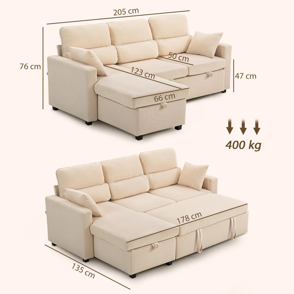 Divano Letto Angolare con Vano Contenitore 205x135x76 cm Rivestimento in Velluto a Coste Beige