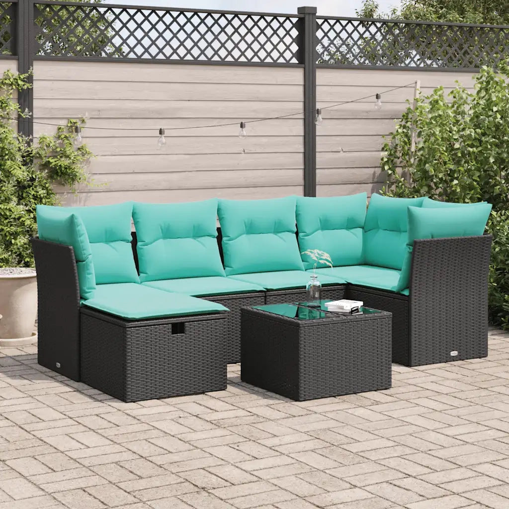 Set Divani da Giardino con Cuscini 7pz Nero Polyrattan