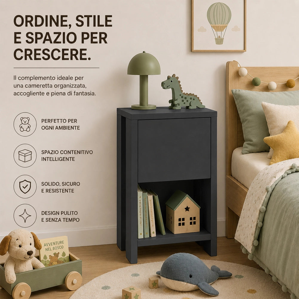 Comodino Mobiletto 2 Ripiani con Anta Ribalta Tavolino Design Moderno Antracite
