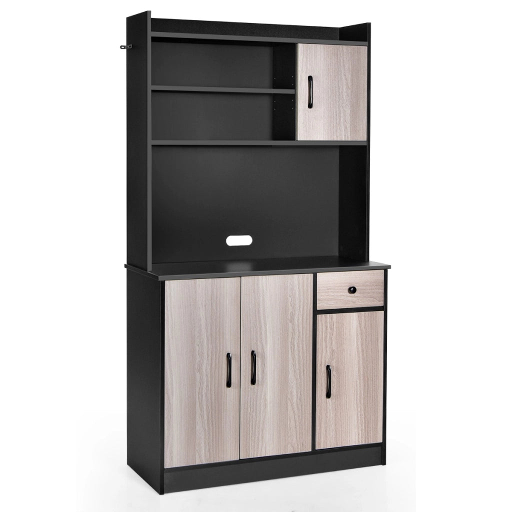 Armadio da cucina alto-Buffet-Armadio da cucina 180cm con stazione di ricarica integrata, Buffet con vetrina piano per microonde cassetto Nero