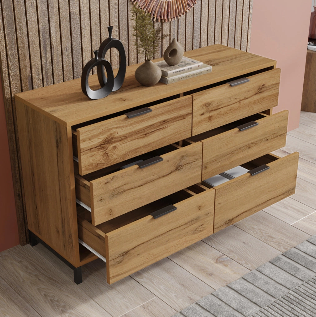 Comò con 6 cassetti 120x40x76 cm in rovere scuro e metallo